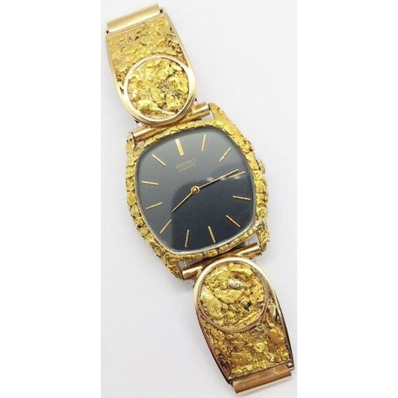 Vintage 1980 Men's Seiko Quartz Gold Nugget Embelished Men's Watch 1980's Retro - Picture 9 of 9